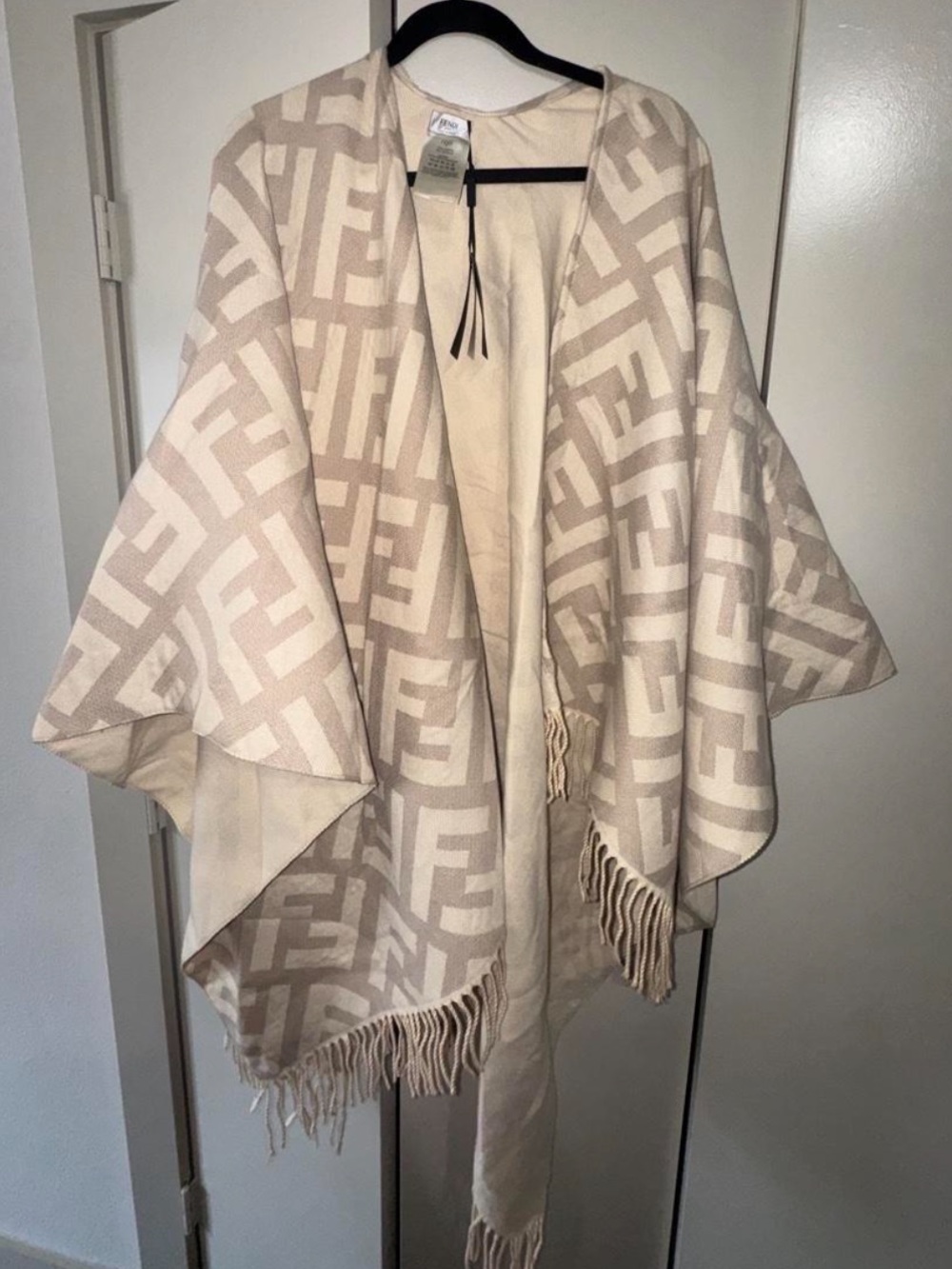 Fendi Beige and Cream Logo-Paneled Fringe Wrap